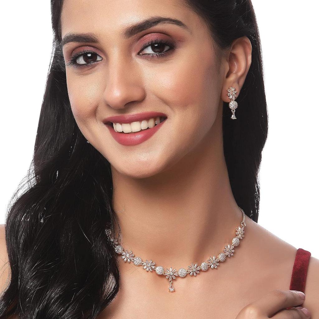 ZENEME Rhodium Plated Silver Toned White American Diamond Studded Necklace