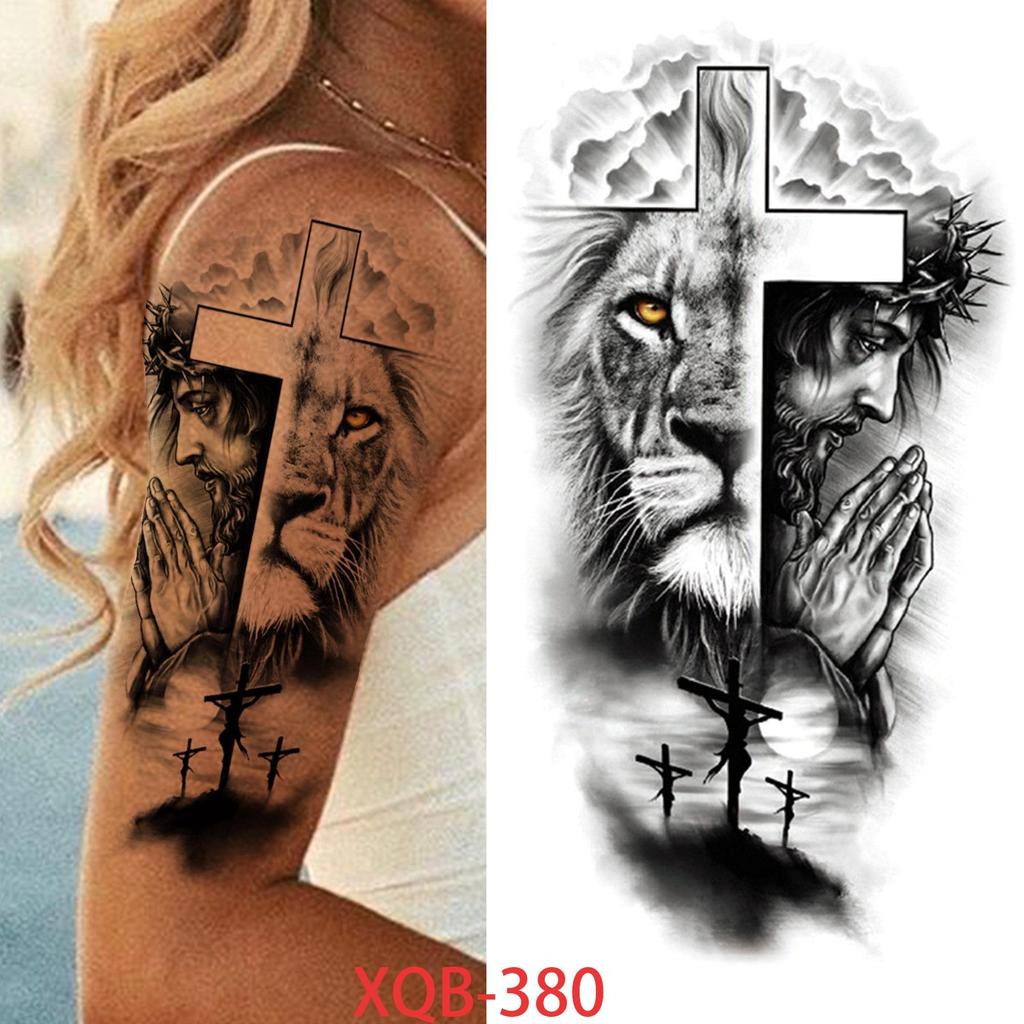 1 PC 210*114MM Cat Geometry Black Temporary Tattoos For Men Women Black Forest Skull Tiger Wolf Tattoo Sticker Evil Devil Arm Tattoo