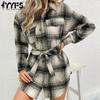 Женские винтажные повседневные куртки и пальто с решетчатым принтом, осенне-зимние куртки-поло с длинными рукавами и воротником