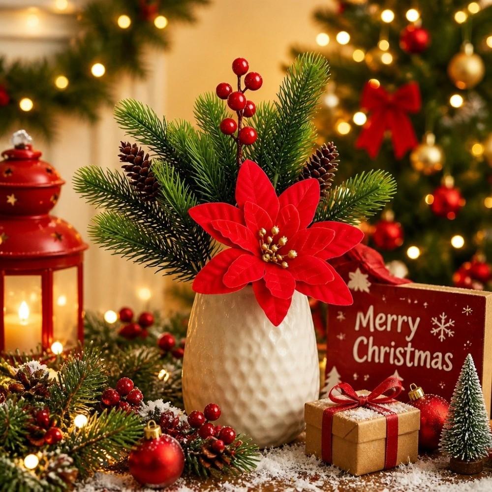 Red Berry Christmas Pine Branches Green Pine Leaves Decorative Flower Home Decoration