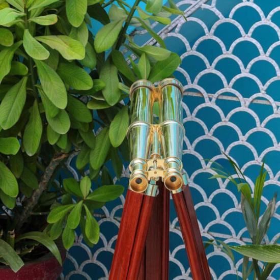 Nautical Gold Finish Brass Antique Binocular With Wooden Tripod Stand Gift