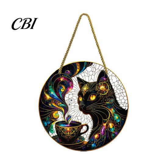 Stained Glass Cat Ornament Style Black And Magic Coffee Cup Hanging for Window Wall Decor, Acrylic Sun Catcher Art Decor with Lanyard Home Bedroom