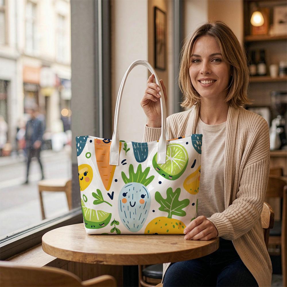 Cute Cartoon Fruits Veggies Print Daily Tote Bag Fashion Portable Large Capacity Grocery Shoulder Handbag
