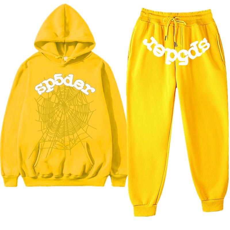 Couple Spider Web Letter Print Hooded Sweatshirt Fleece Track Pants Set Streetwear Teens