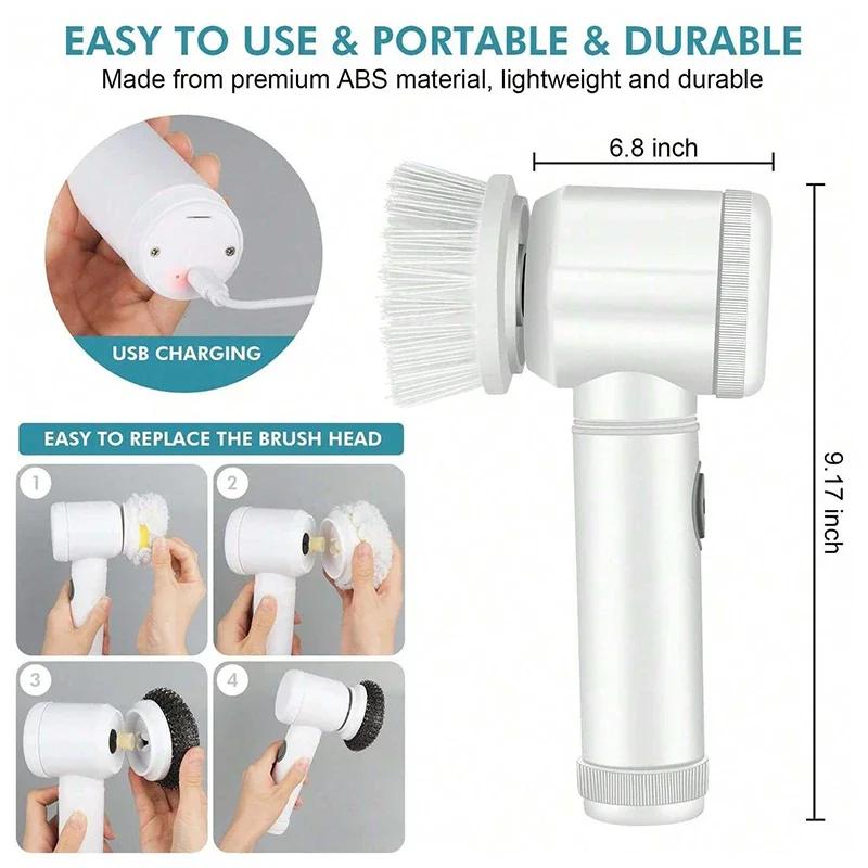 Electric Scrubber Spin Cleaning Brush Power Scrubber With 5 Replaceable Brush Heads Electric Cleaning Brush Dining Plate Kitchen