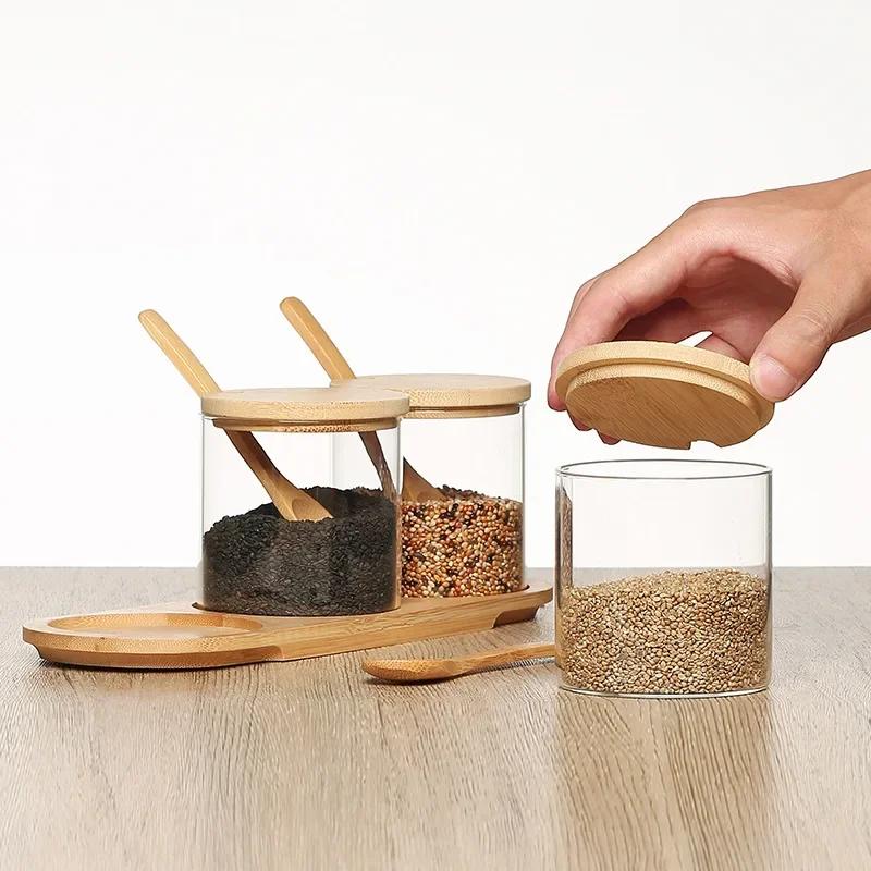 JUSTINLAU Kitchen Glass Condiment Jar Set Seasoning Spice Salt Jar Wood Lid with Tray Spoon Dust-Proof Coffee Beans Organizer