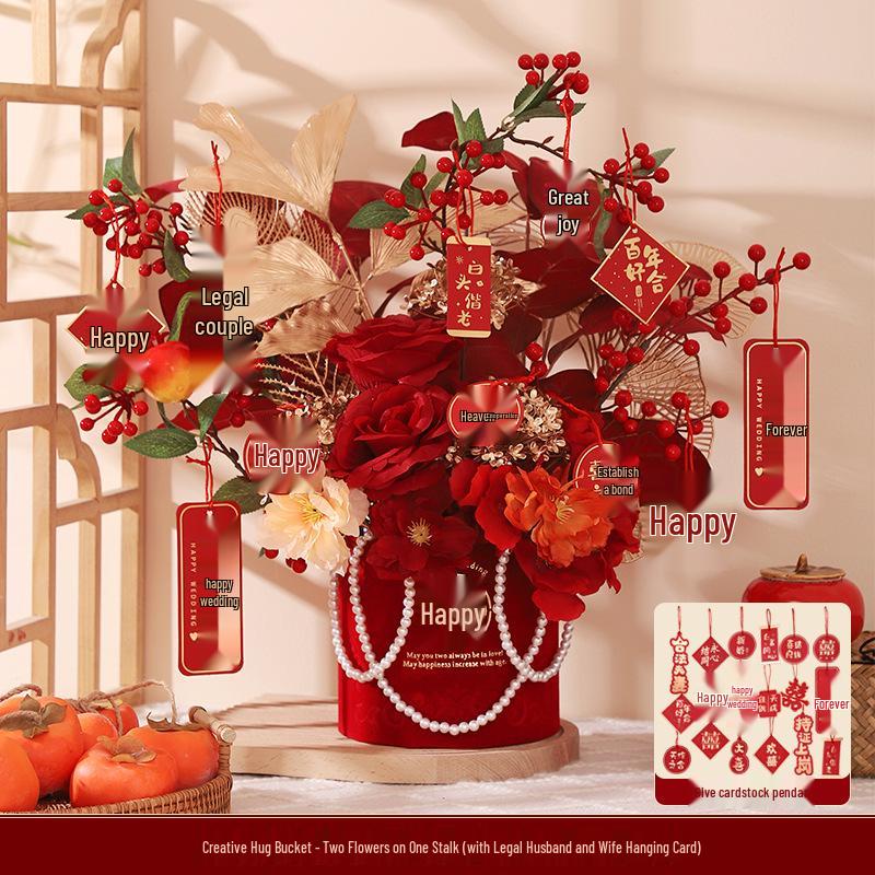 Engagement & Wedding Ornaments: Room Decor Bouquet & Double Happiness Bucket Set for Newlyweds - Ideal for Master Bedroom & Living Room.