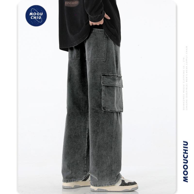 Men's Fashion American Multi Pocket Work Jeans Men's Gender Free Loose Straight Hip Hop Wide Leg Pants