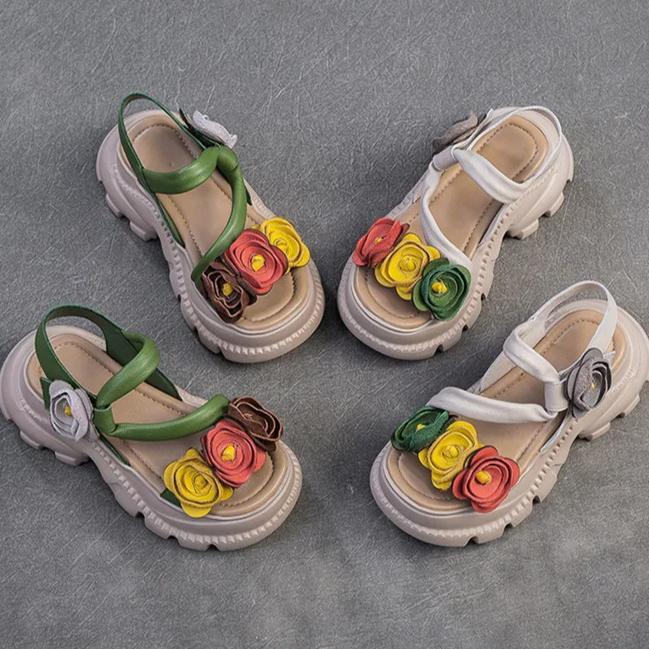 Johnature Retro Flower Peep Toe Platform Sandals Breathable Genuine Leather Versatile Women's Shoes