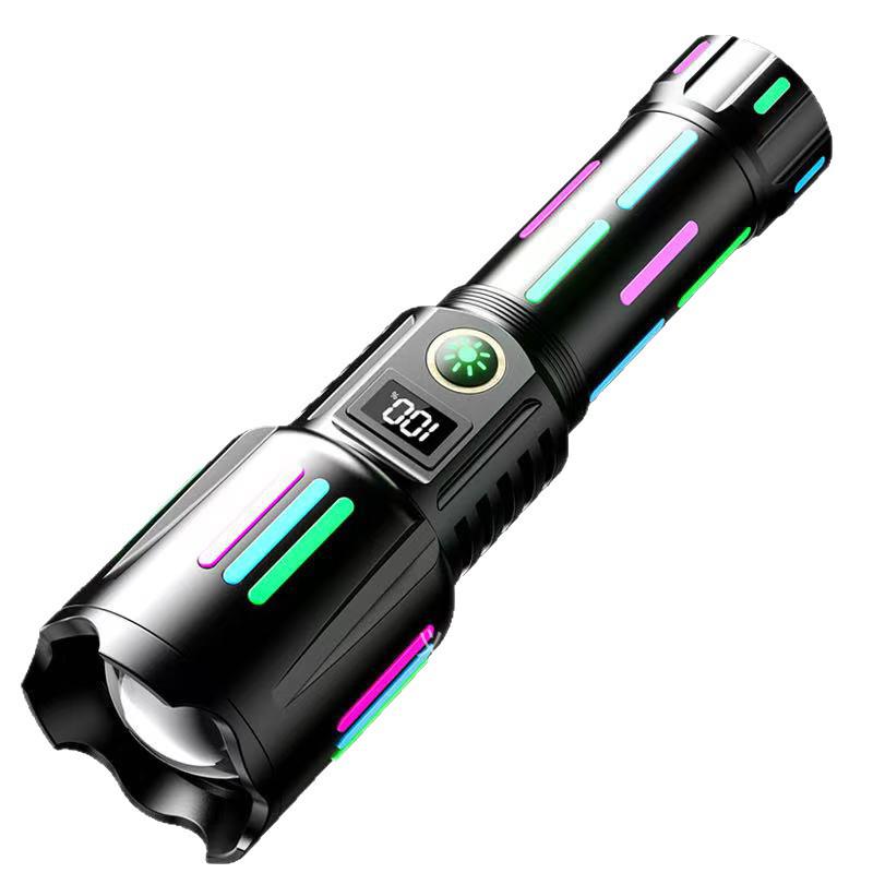 Rechargeable High-Power Telescopic Zoom Flashlight with Super Bright, Colorful Fluorescent Display
