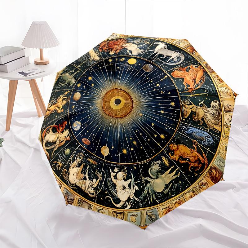 Zodiac, Astrology Themed Automatic Opening and Closing Umbrella, Brightly Colored 8 rib Portable Umbrella, Suitable for Men and Women, A Per