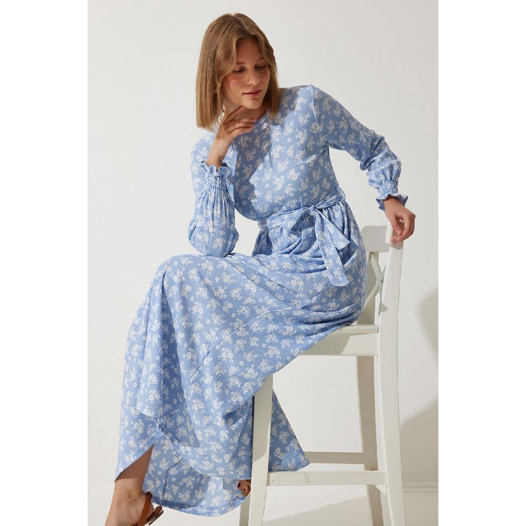 Women's Sky Blue Floral Summer Long Knitted Dress Dd01322