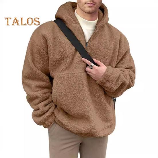 Зимняя мужская толстовка с капюшоном с большим передним карманом, двухсторонняя фланелевая куртка с полумолнией, свободный длинный рукав, термотоп с эластичными манжетами, повседневная толстовка с капюшоном