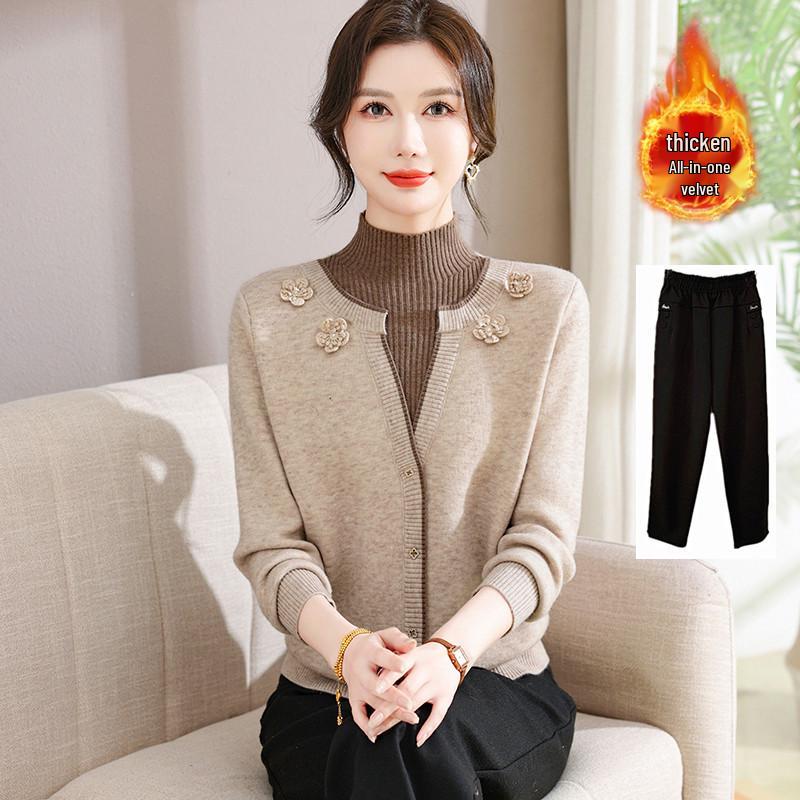 Stylish Faux Two-Piece Velvet Sweater for Middle-Aged & Elderly Women - Warm Knit Base Layer