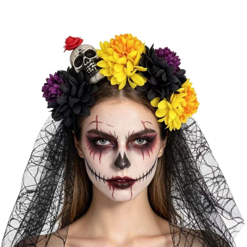 Black Veil Halloween Flower Headband Floral Festive Costume Headwear Carnival Party