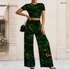 Women Plus Size Round Neck Short Sleeve Printed Crop Top Black Gold Silver Wide Leg Pants Two Piece Set