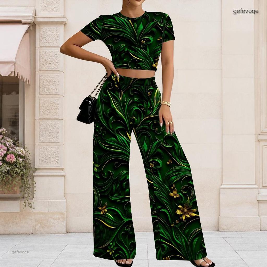 Women Plus Size Round Neck Short Sleeve Printed Crop Top Black Gold Silver Wide Leg Pants Two Piece Set