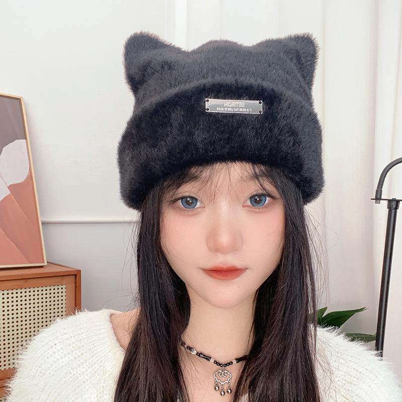 New Korean cute cat ear knitted beanie, warm ear-protecting wool hat, fashionable and face-slimming, versatile headwrap