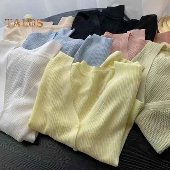 Sun Knit Cardigan for Women Long Sleeve V-Neck Button Up Thin Ice Silk Coat Summer Ribbed Cropped Top for Outdoor Travel Work Beach