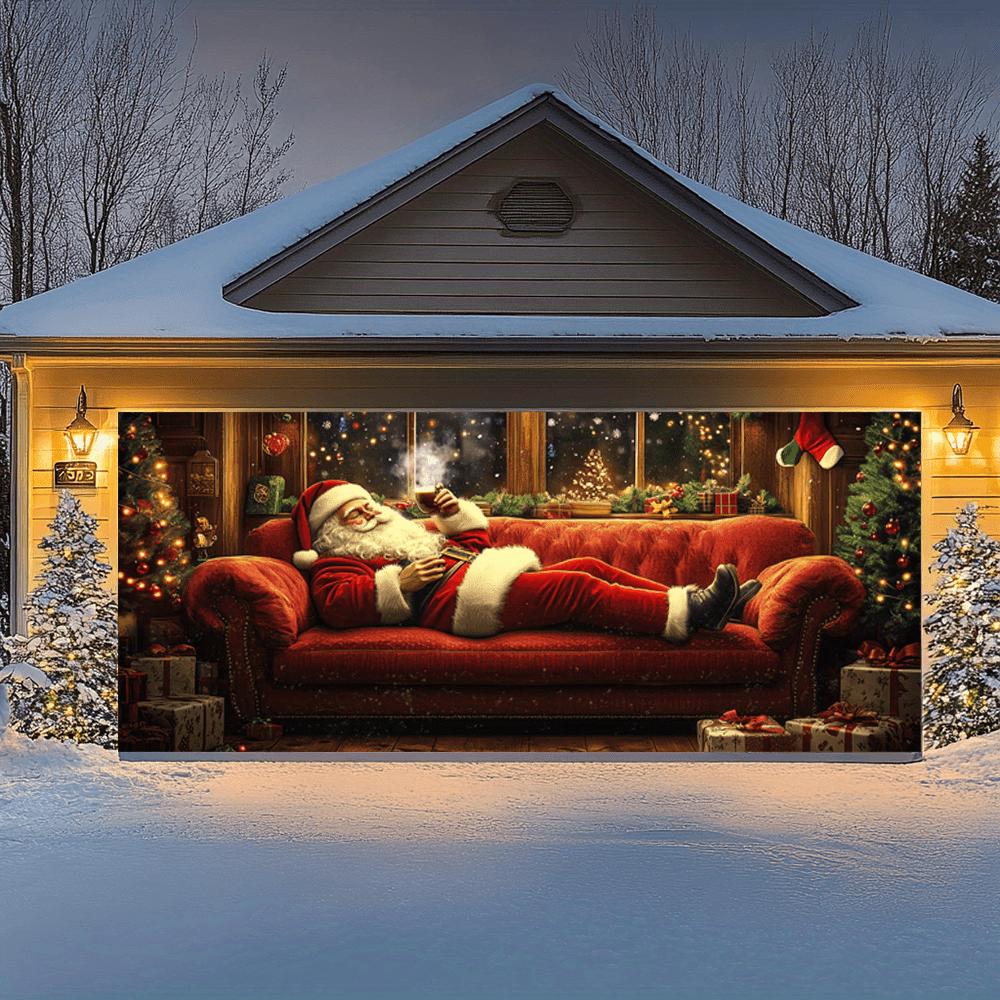 Comfortable Santa Claus and Wine Heating Garage Door Banner - 6x13 feet large polyester fiber Christmas decorationZL
