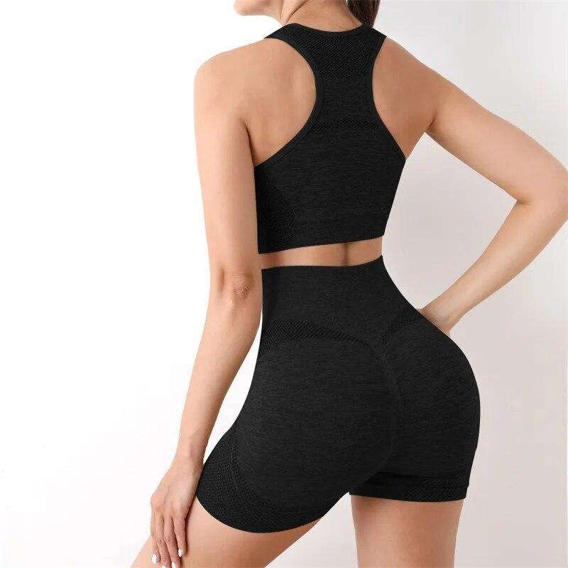 Casual Fitness Sports Women Vest Crop Tops And High Waist Yoga Shorts Suit 2 Two Pieces Sets Female Simple Outfits 30679