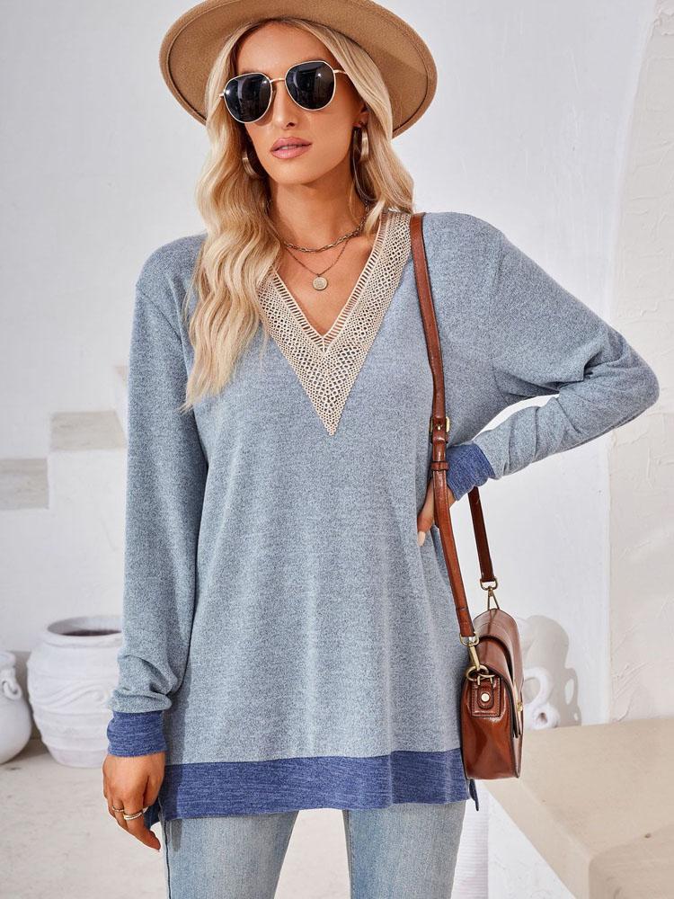 Элегантная и классическая универсальная и удобная осенне-зимняя свободная однотонная футболка с V-образным вырезом и кружевом, женская футболка с длинным рукавом