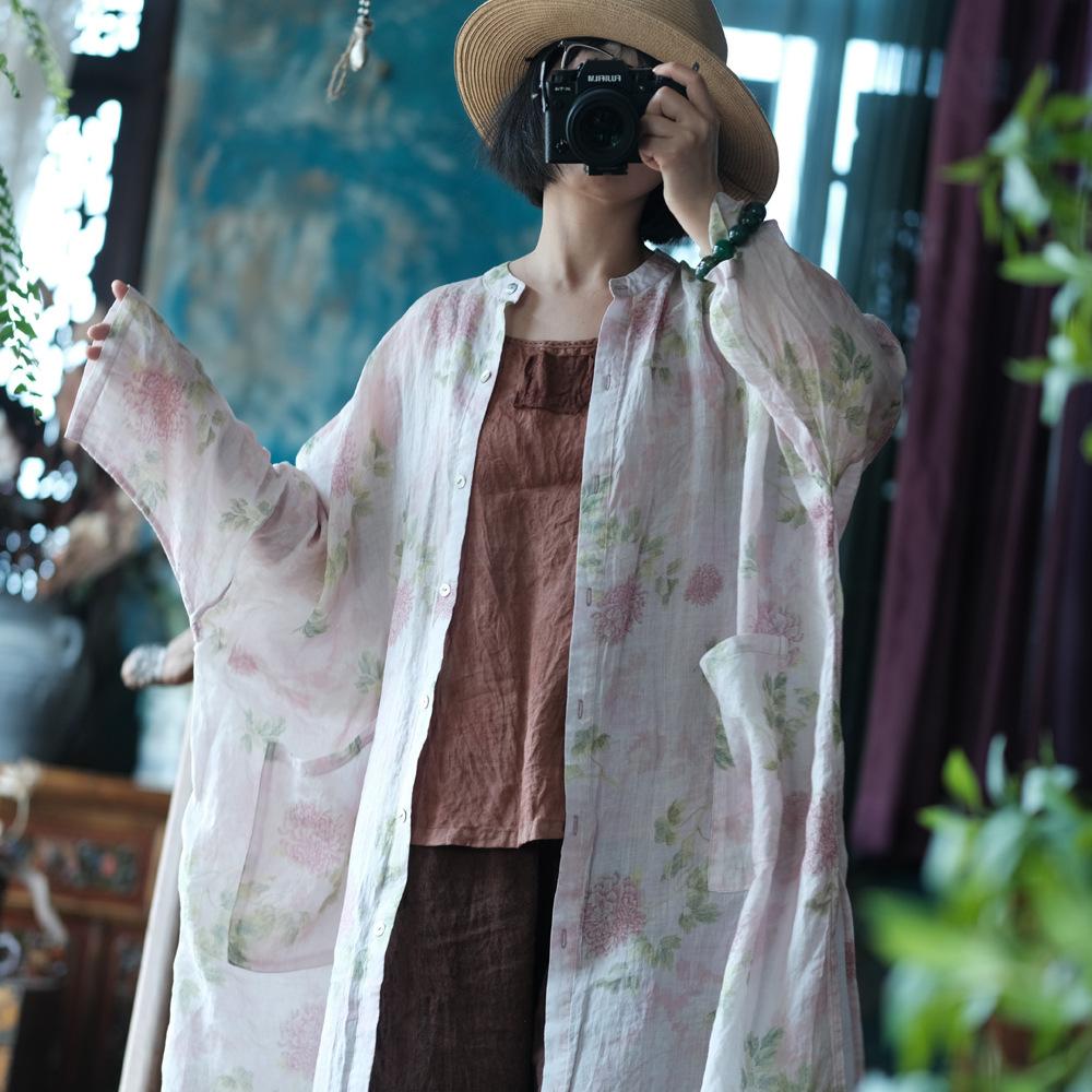 Johnature Женские винтажные длинные рубашки с длинным рукавом, однотонные летние блузки с карманами на пуговицах