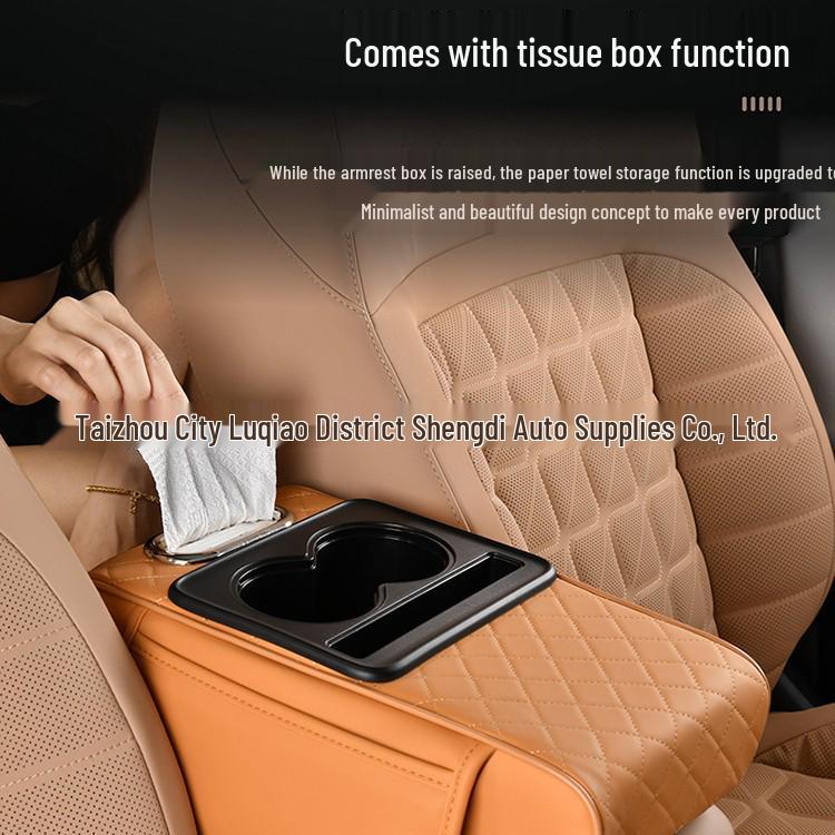 2025 Nappa Leather Car Armrest Riser with Double Cup Holder & Tissue Box