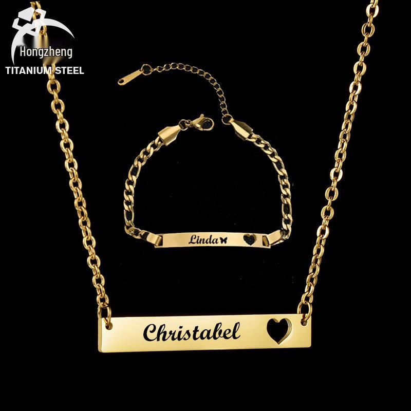 Stainless Steel Engraved Pendant Necklace & Hollow Heart Bracelet Set