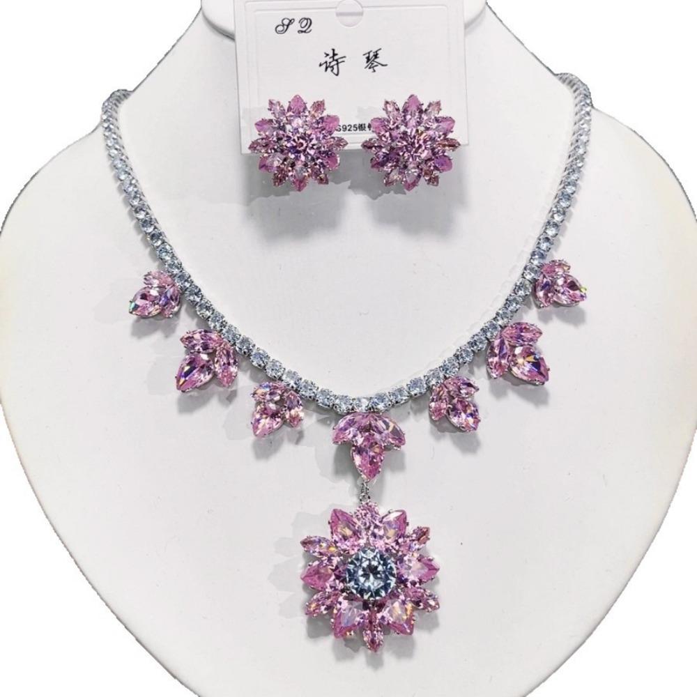 Розовый кулон серьги для женщин Помолвочное модный хрустальный набор украшений Свадебные чокеры Вечеринка Аксессуары Подарки