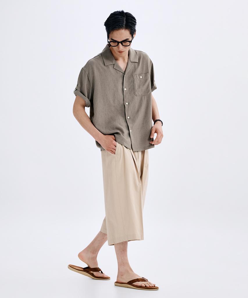 TAKEASY Linen-Like Roll-Up Half Shirt (Mocha)
