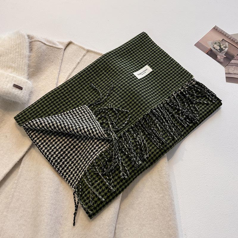 Women's Nordic Simple Houndstooth Plaid Scarf, English Shawl, Reversible Tassel Check Scarf