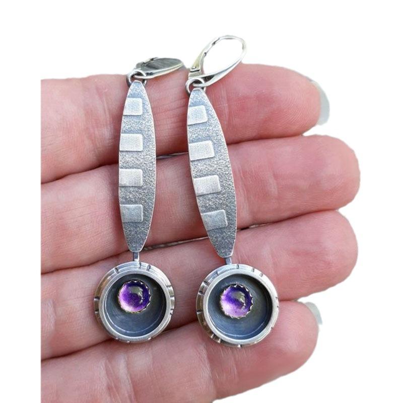 Lady Retro Purple Resin Earrings Gypsy Antique Silver Carved Metal Hanging Earrings