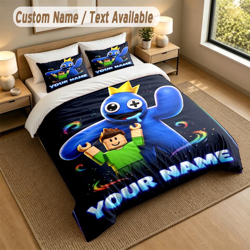 Custom Name Text Bedding 3Pcs Set,Rainbow Friends 1 Duvet Cover 2 Pillowcases Soft Bed Linen For Gift