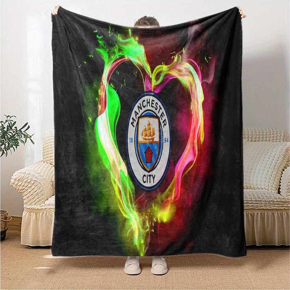 Football Manchester Crest Flannel Blanket, Soft Polyester, Modern Design, All-Season for Camping, Travel, Gifts for holidays or birthdays