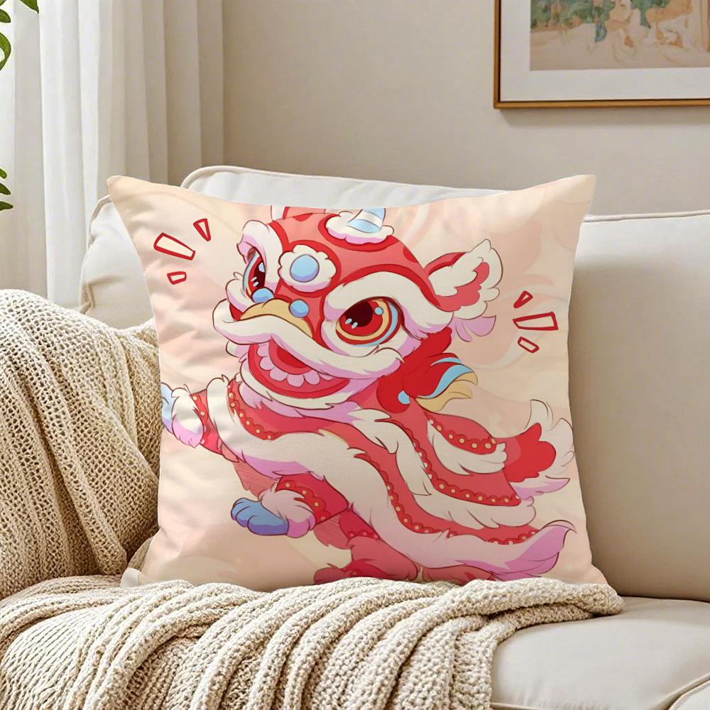 Модная Традиционная Танцующая Львы Аниме Счастливая Наволочка Льняная Наволочка Мягкая Для Дивана Кровати Домашней Комнаты Декор