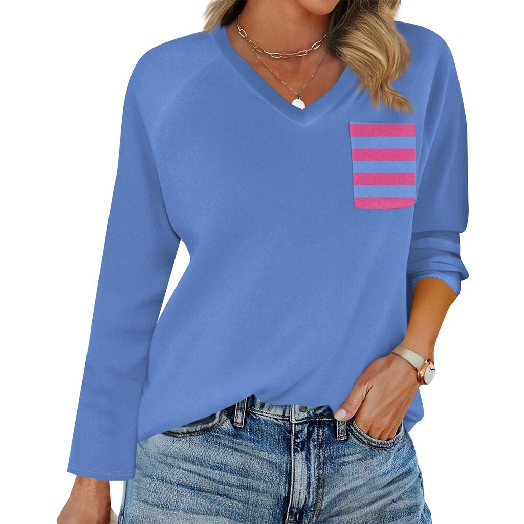 Женская футболка реглан с длинным рукавом, V-образным вырезом, вставками однотонного цвета, повседневный топ-пуловер, V-образный вырез, карман, базовая рубашка