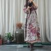 Women Print Floral Cotton Linen Dress V-Neck Long Sleeve Spring Loose Vintage Female Dresses