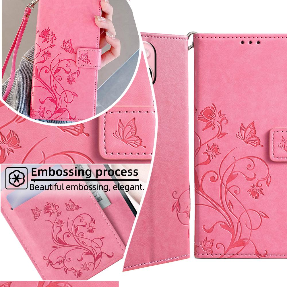 For Samsung Galaxy S24+ Case Butterfly Imprinted Leather Wallet Phone Cover with Wrist Strap