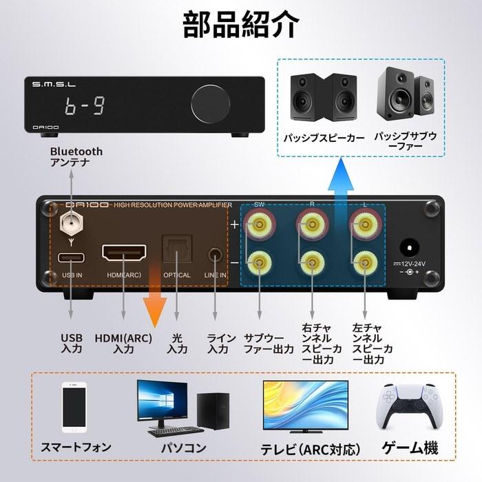 SMSL DA100 Power Amplifier 100W x2, Class D, 2.1ch Subwoofer, BT 5.3, Stereo Amplifier with EQ, BT/USB/HDMI(ARC)/Optical/Line Input