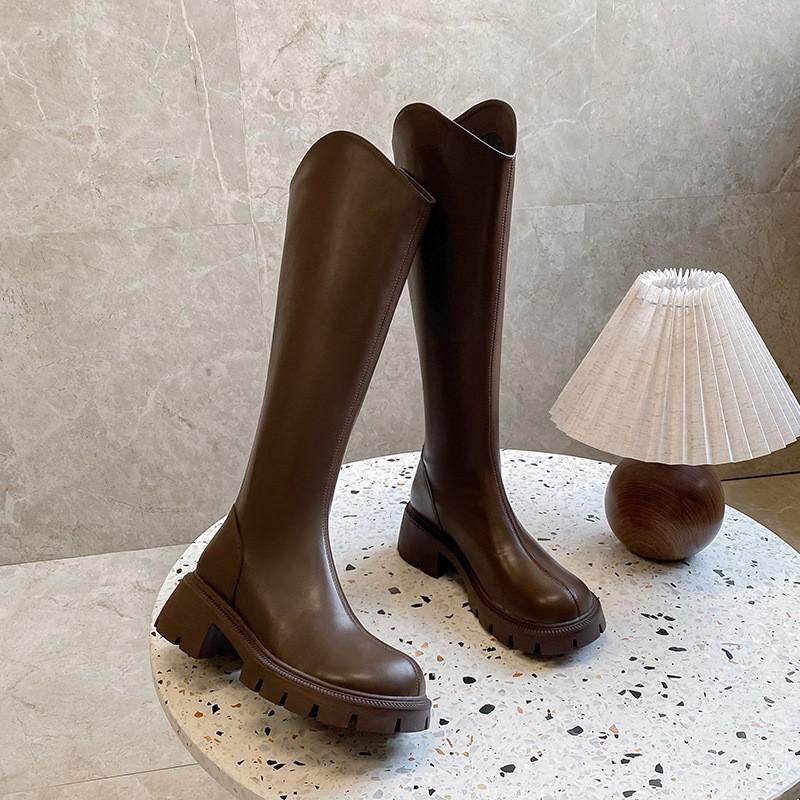 Ботинки женские с V-образным вырезом, но женские рыцарские сапоги до колена, осенне-зимние, новые, тонкие, с круглым носком, толстая подошва, высокие универсальные сапоги