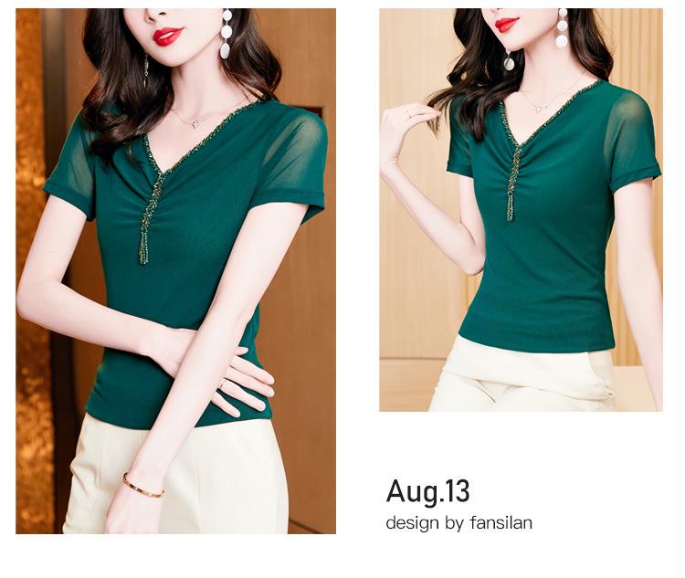 Летний топ с V-образным вырезом, женский, с бисером, облегающий, с коротким рукавом, 2023