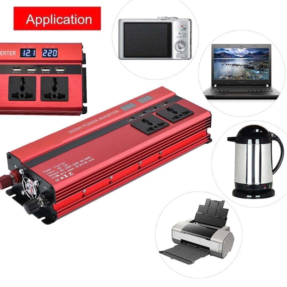 Автомобильный инвертор 2000 Вт, 4 выходных порта USB, двойной светодиодный дисплей, преобразователь синусоидальной волны постоянного тока 12 В/24 В в переменный ток 110 В/220 В
