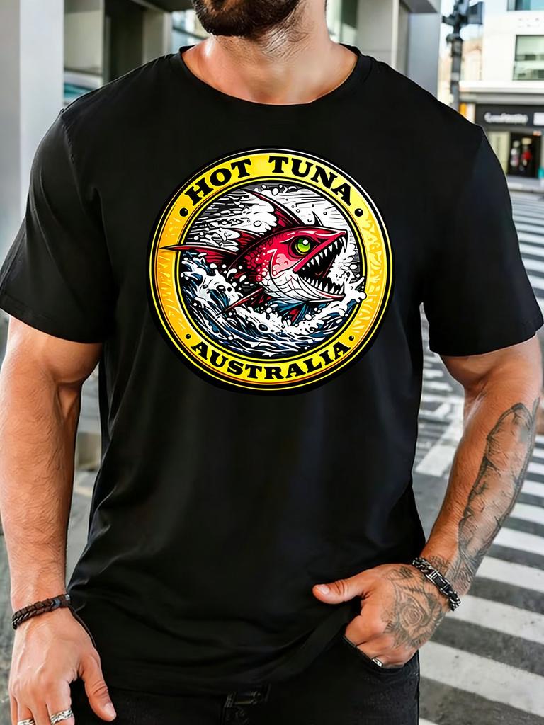 Unisex Retro Hot Tuna Australia Fish Badge Graphic Cotton Short Sleeve Tee Crew Neck Soft Male Summer Casual Breathable Street Top