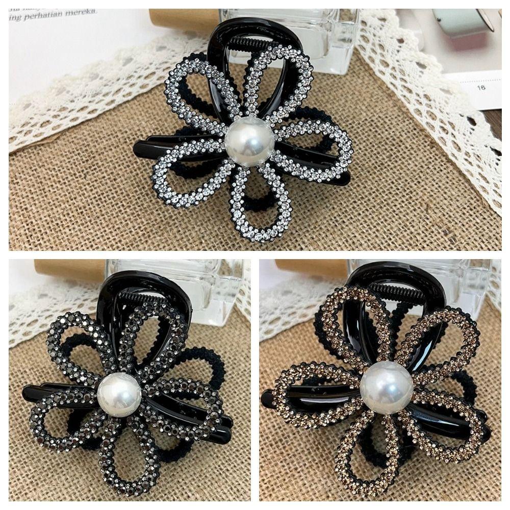 Zircon Flower Pearls Shark Clip Korean Style Shiny Hair Claw Rhinestone Shark Clip Daily