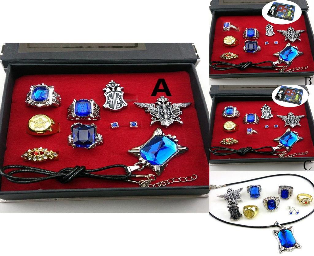 Stunning Black Butler Kuroshitsuji Ciel Phantomhive Cosplay Rings Necklace And Ear-nail Set For Fashion Enthusiasts