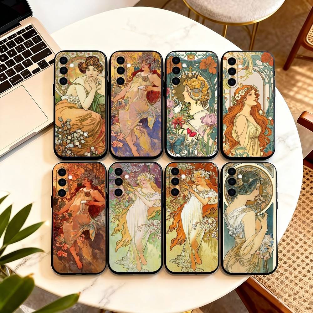 Alfons Mucha P-Primavera Phone Case Black Silicone Soft For Samsung Galaxy A73,A72,A71,A70,A53,A52,A51
