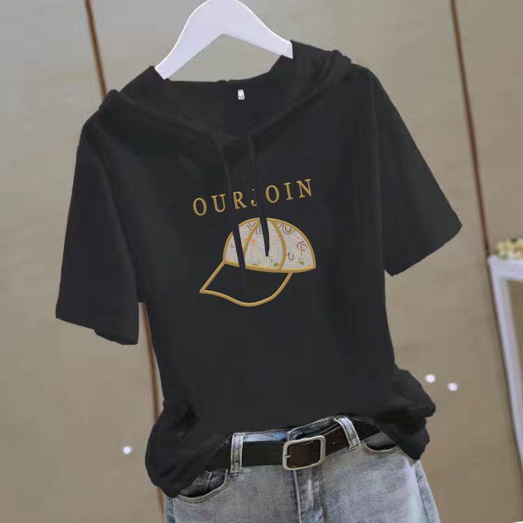 Women's Short Sleeve Hooded T Shirt Loose Fit Summer Casual Slimming Youthful White Top