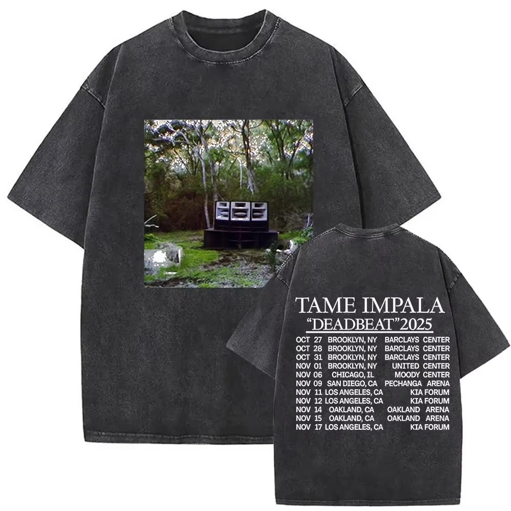 Rock Band Tame Impala Deadbeat Tour 2026 Vintage Washed T-shirt Unisex Hip Hop Gothic T Shirt Casual Oversized Short Sleeve Tees
