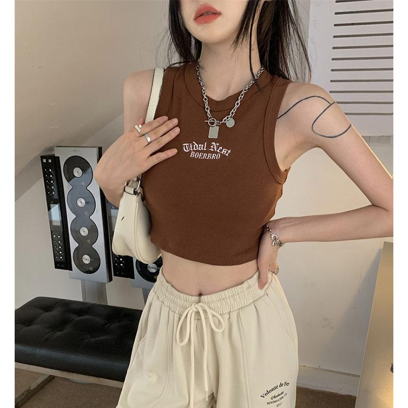 Women's Tank Top Ribbed Knitted Embroidery Letter Vest Female Summer Clothing Crop Top White Black Casual Short Tight Sport Tops